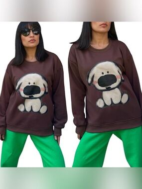 Brown Dog Print Sweatshirt - Unbranded size M
